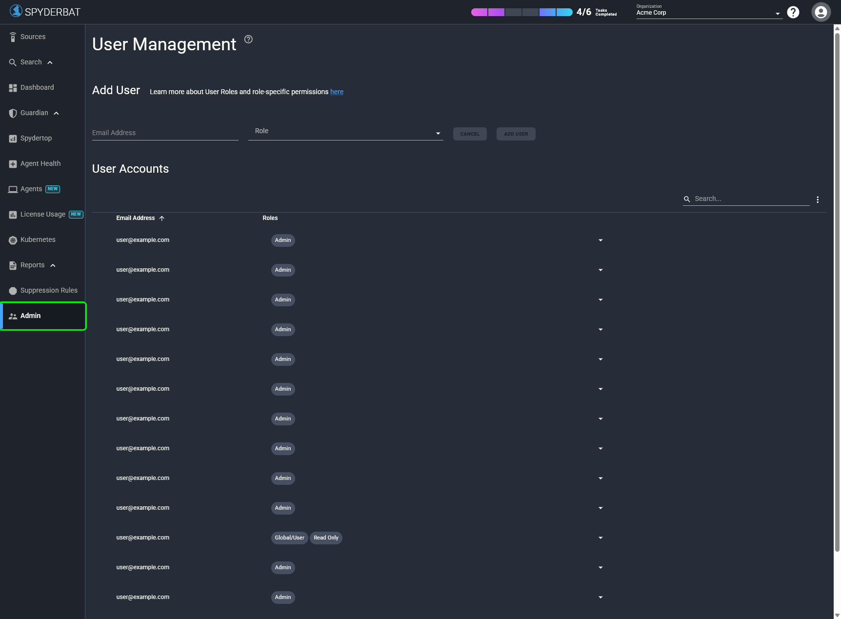 The Admin navigation item in the Spyderbat Console sidebar