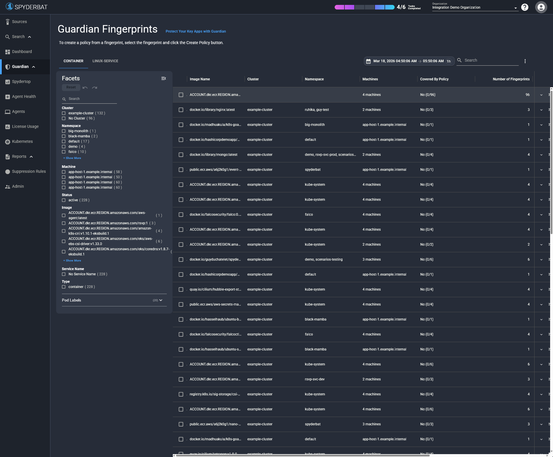Guardian Fingerprints page showing the Container tab with a list of container fingerprints, faceted filtering, and columns for image name, cluster, namespace, machines, policy coverage, and fingerprint count.