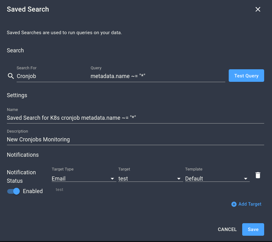 Notification target type selection showing Email, Slack, PagerDuty, and Webhook options