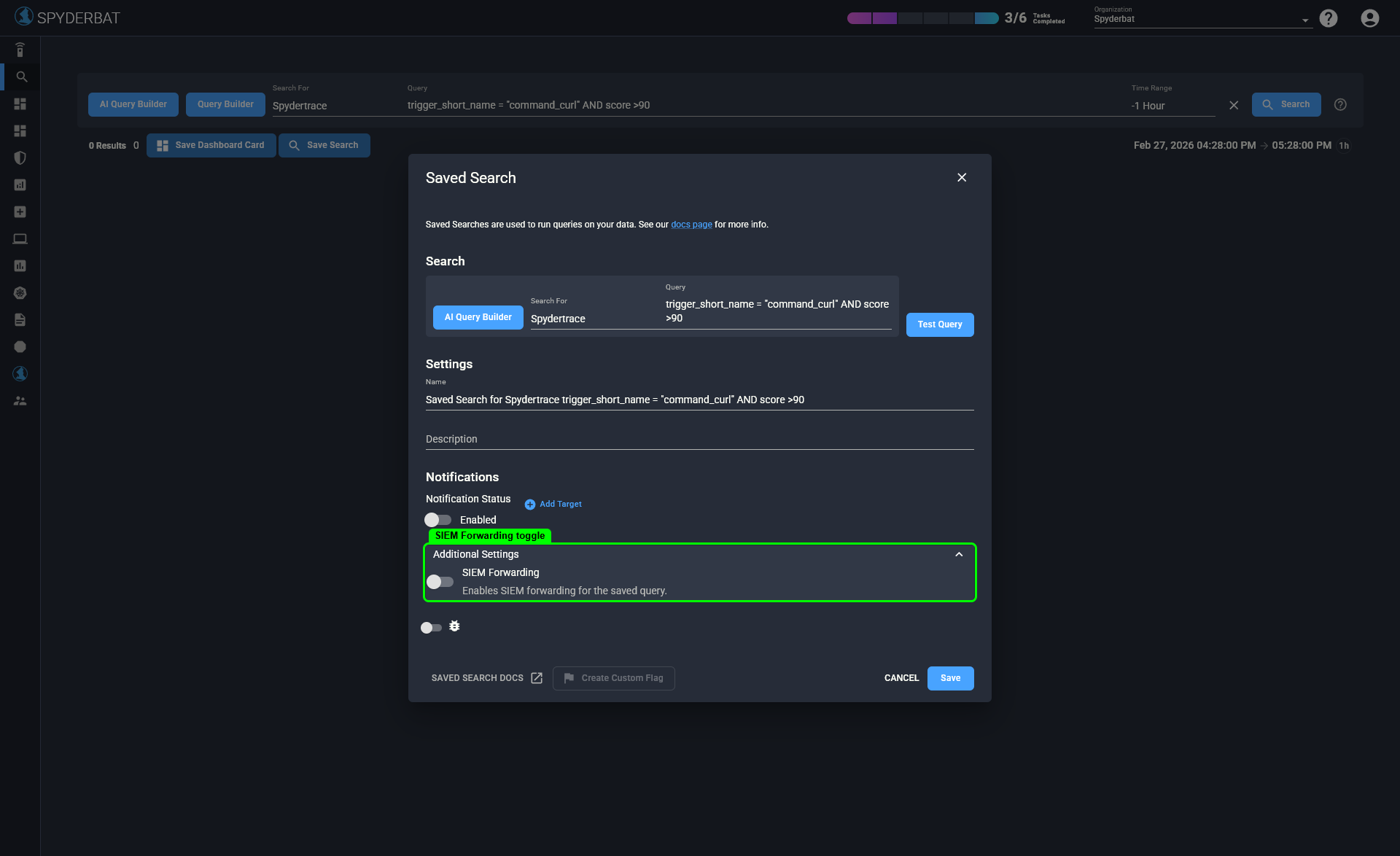 Saved search edit dialog with Additional Settings expanded showing the SIEM Forwarding toggle