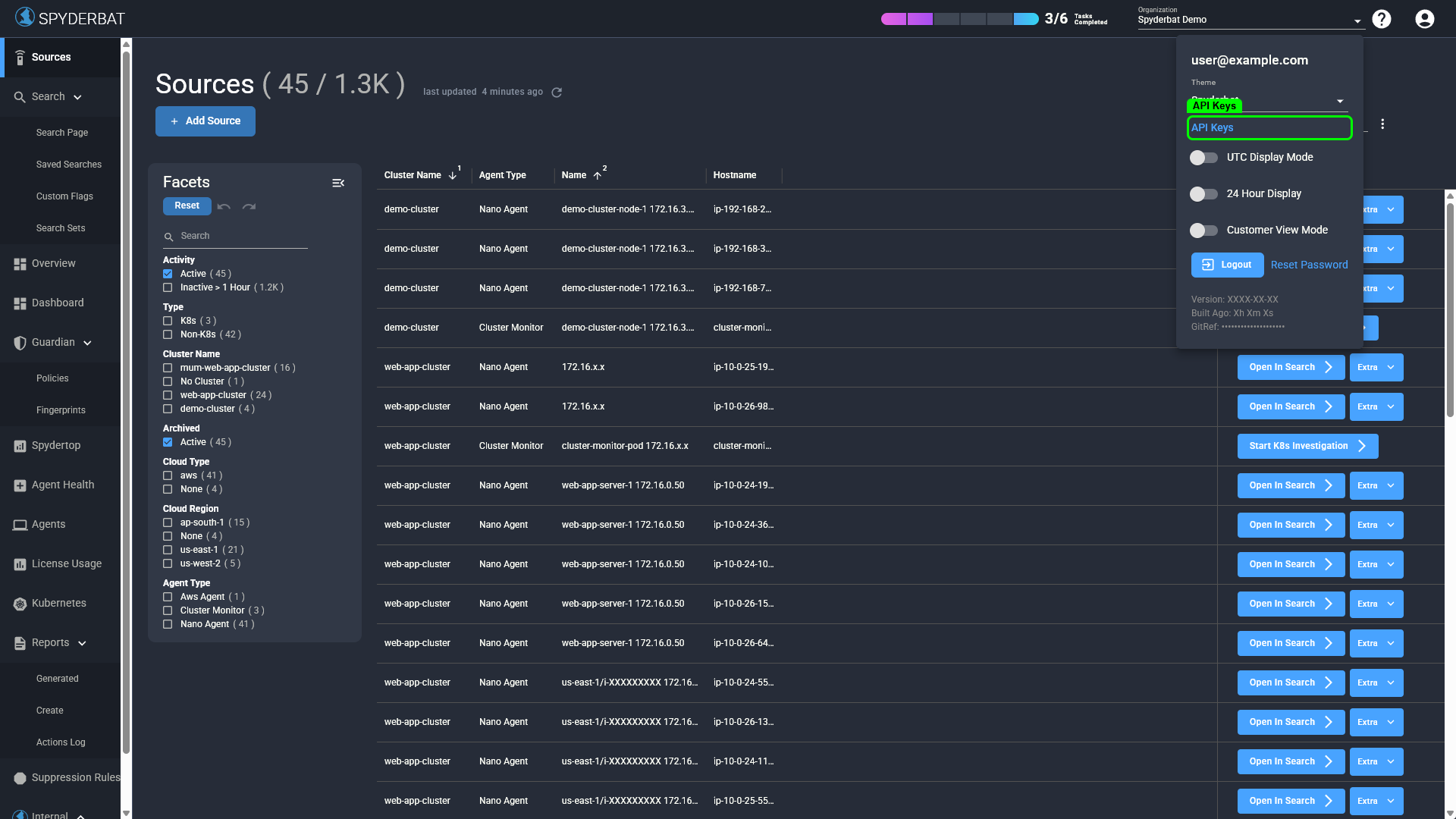API key menu in account dropdown