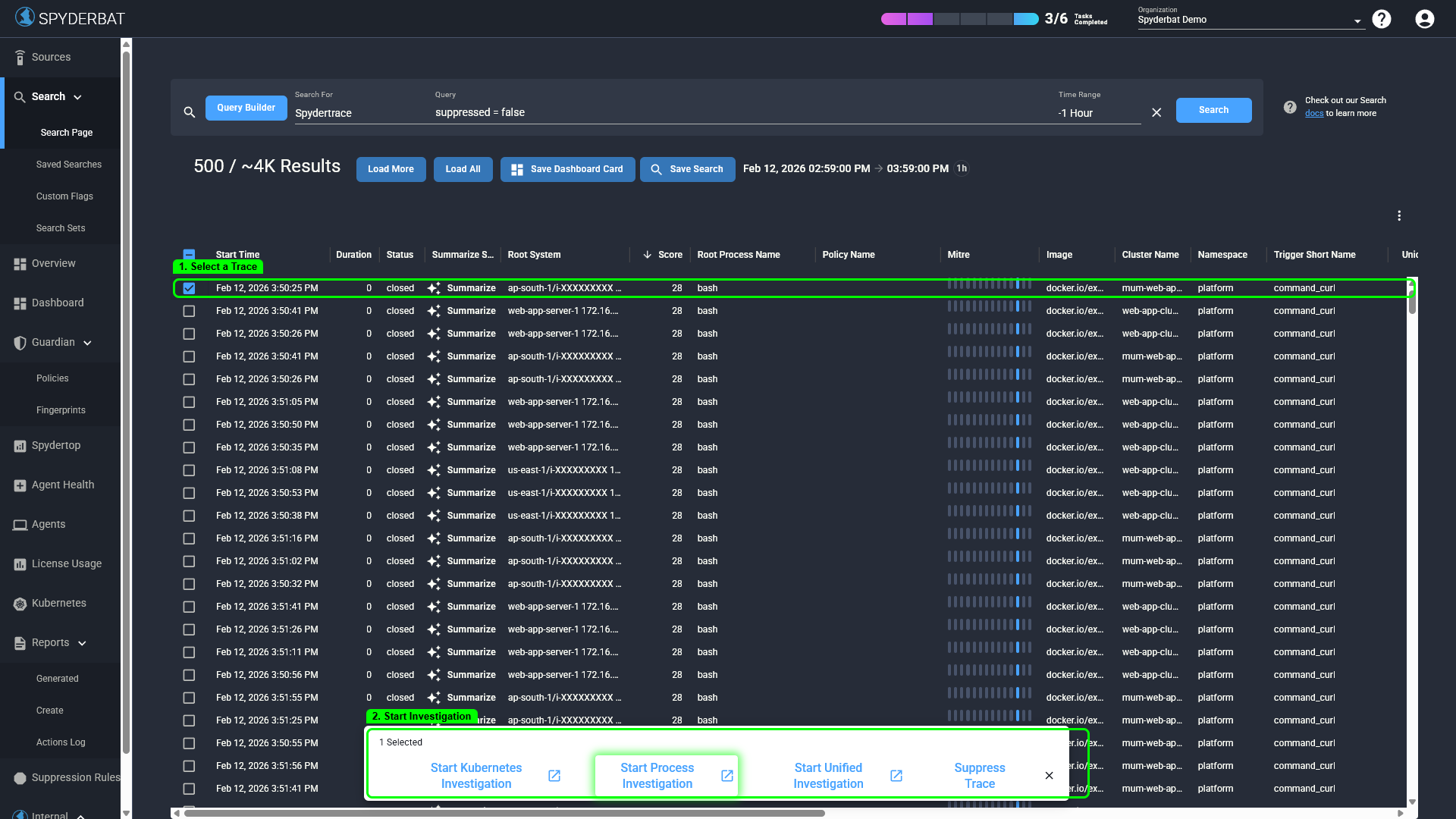 Search results with traces selected and the action toast showing Start Process Investigation