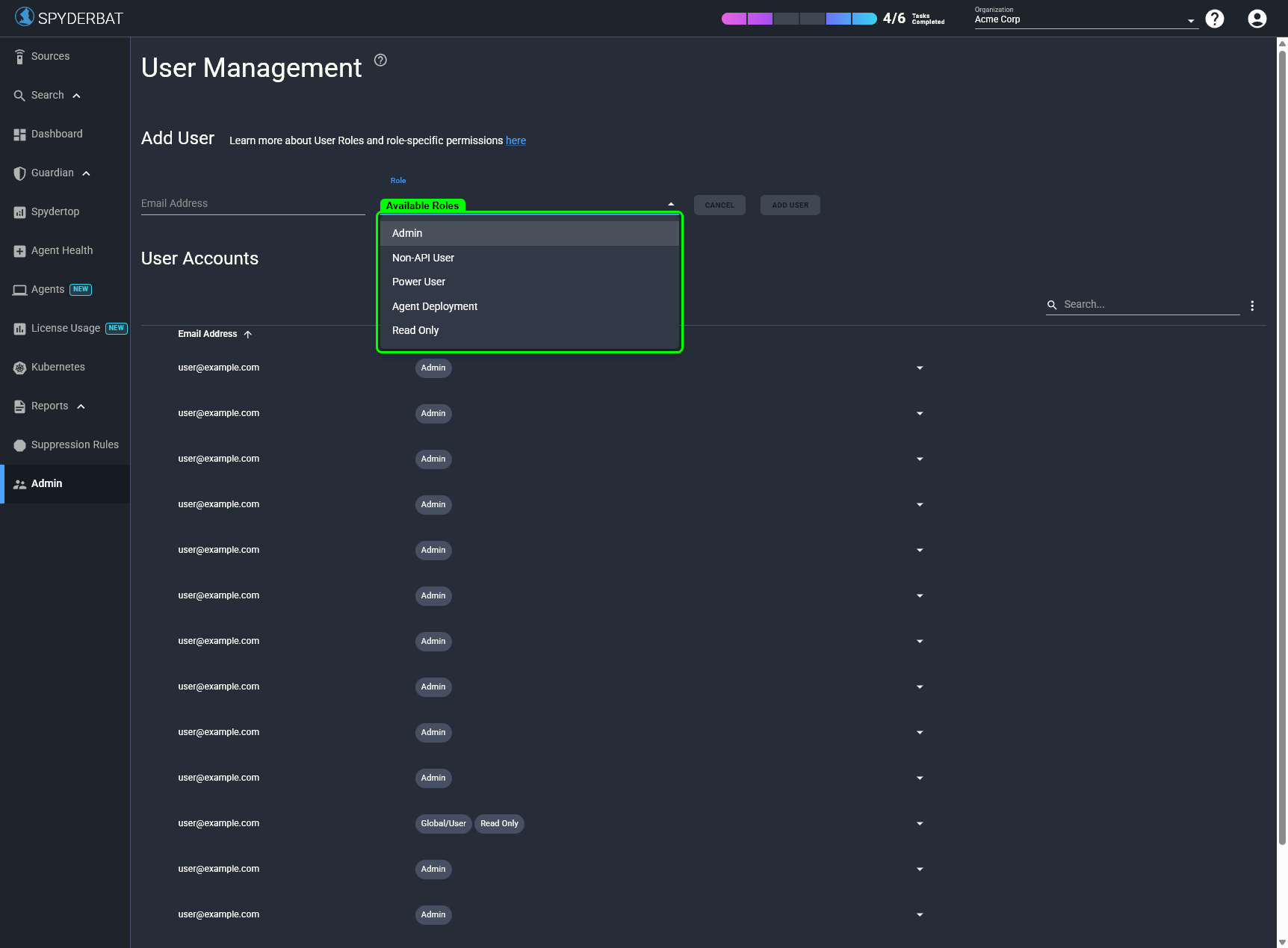 The role dropdown showing all five available roles