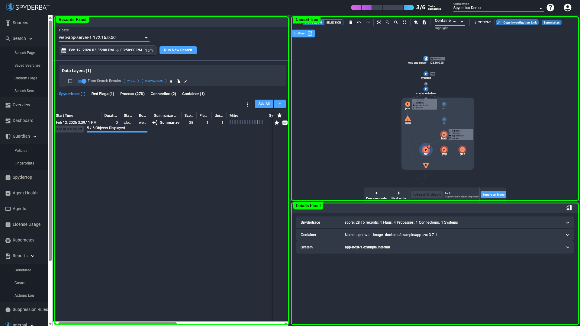 Full investigation view showing Records panel, Causal Tree, and Details panel