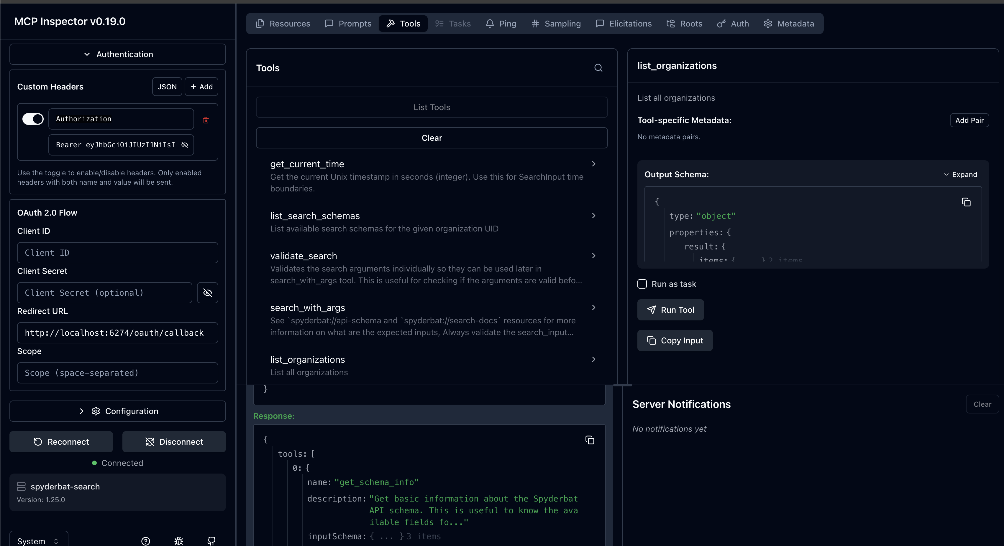MCP Inspector interface showing connected state with tools list and authentication configuration