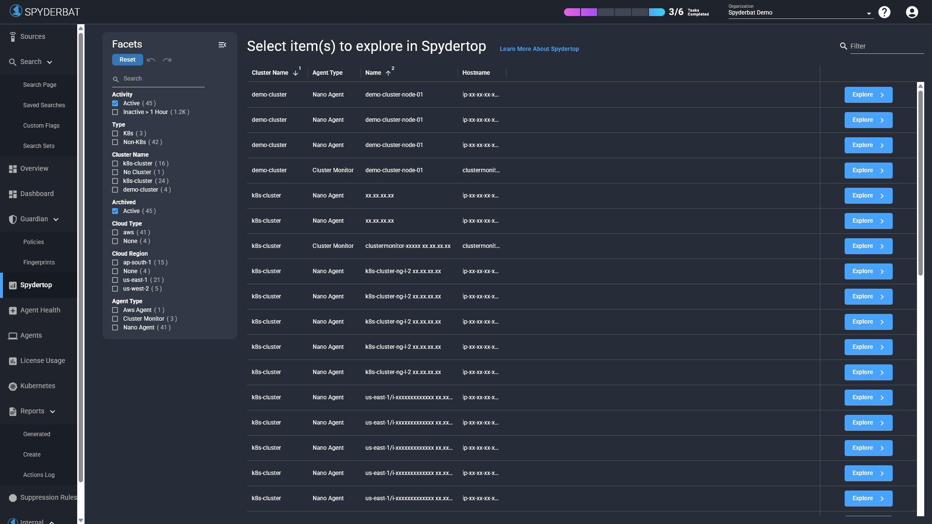 Spydertop source selection page listing available machines with Explore buttons