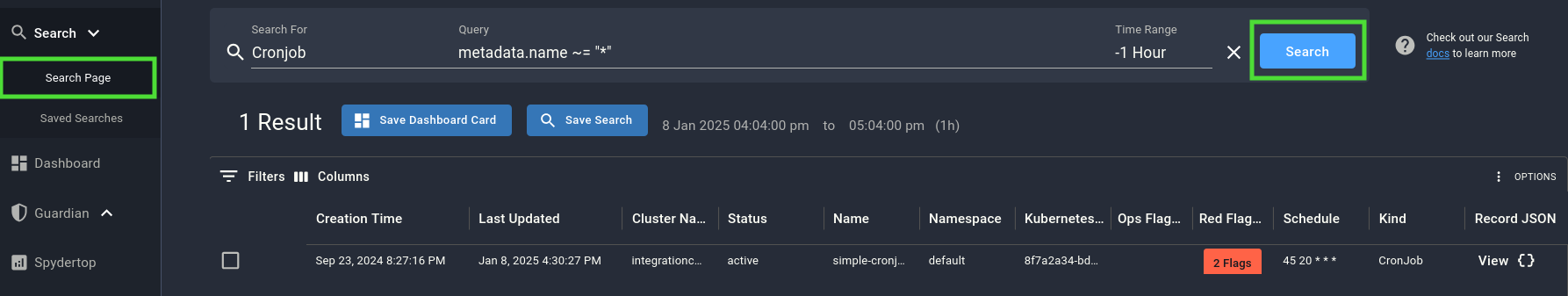 Search bar with a cron job query entered