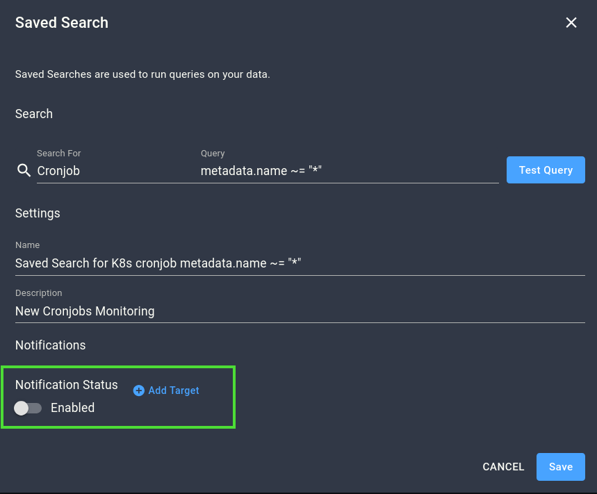 Saved search configuration dialog showing name, description, and notification status fields