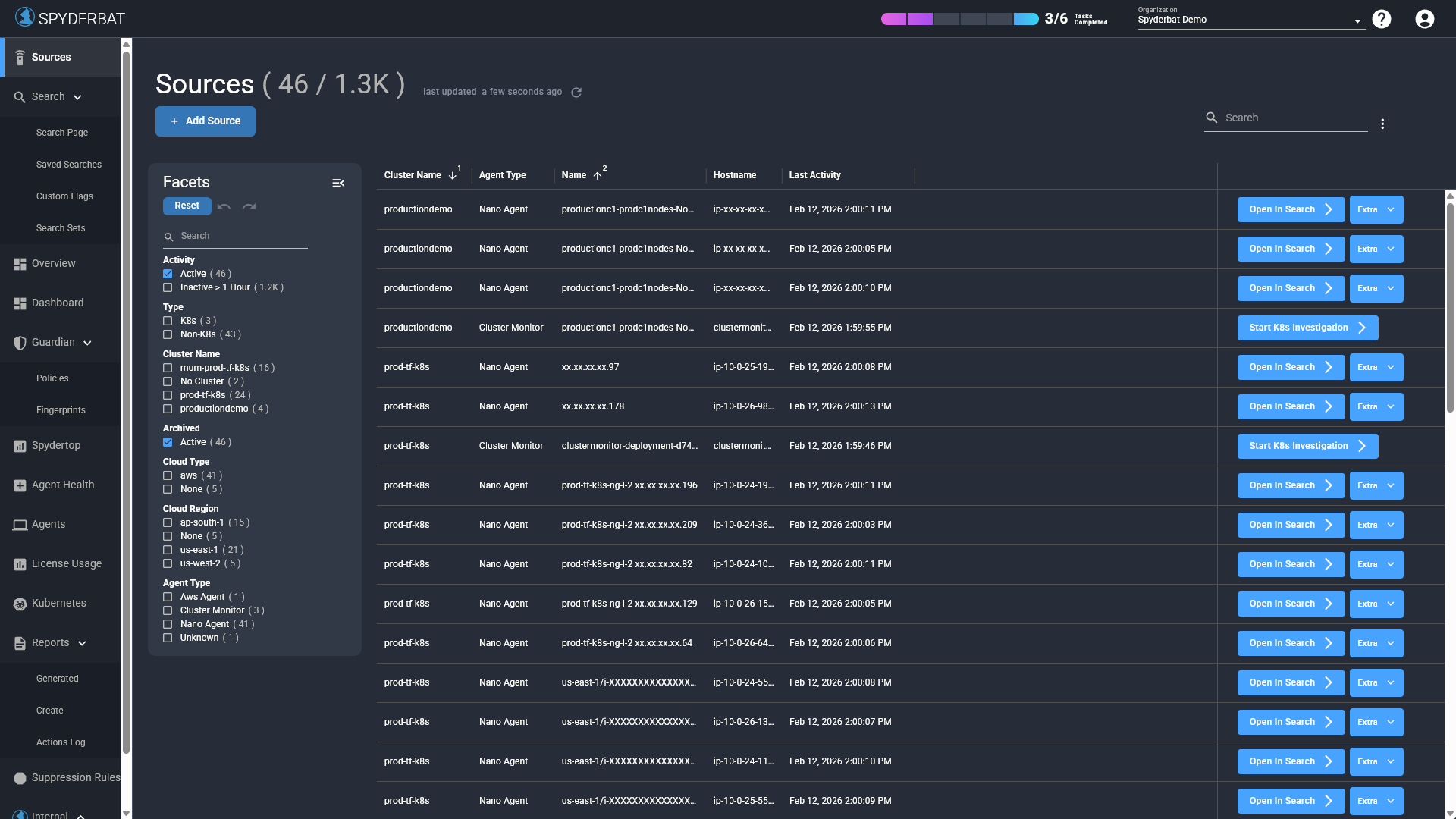 Sources page showing installed agents