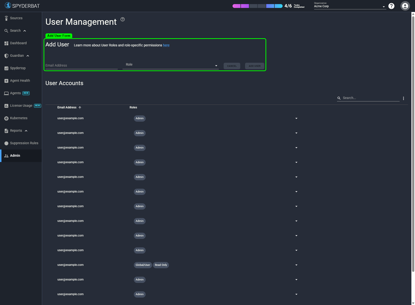 The Add User form with email and role fields