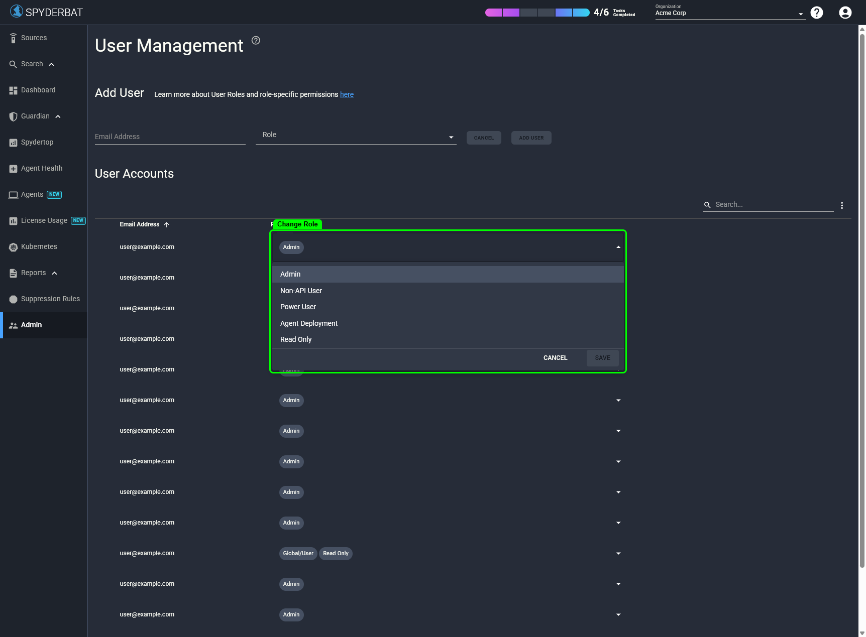 The role change dropdown showing available roles and Save button