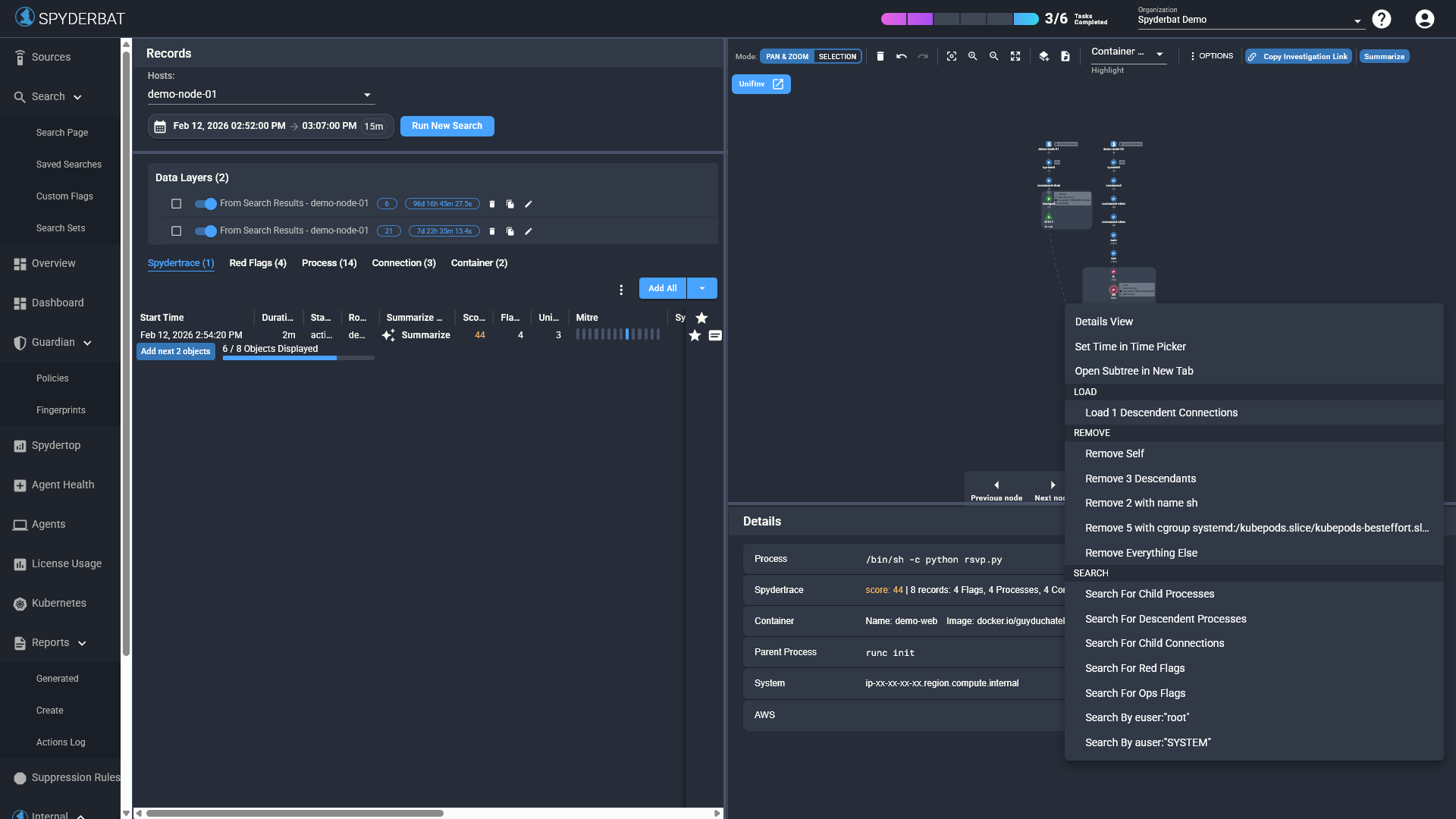 Right-click context menu on a process node showing Load, Remove, and Search sections