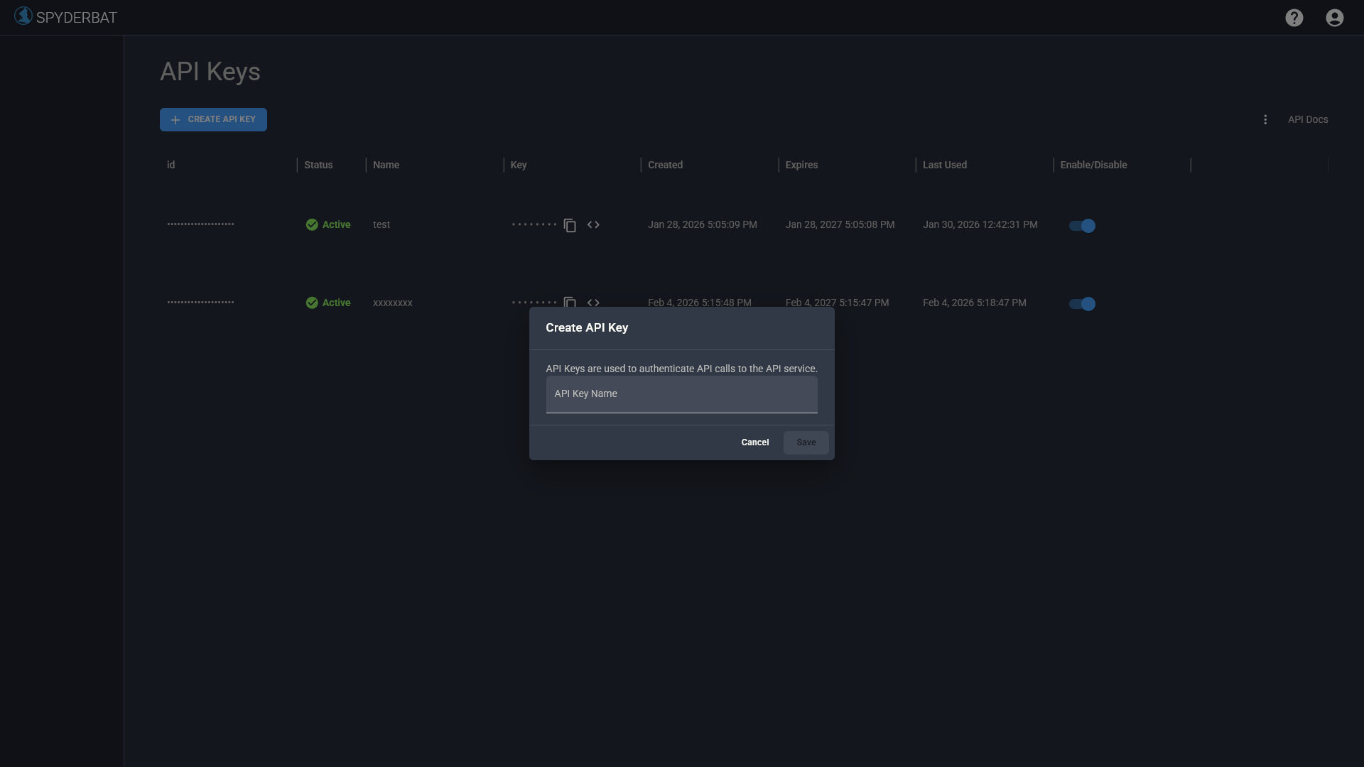 Create API key modal dialog