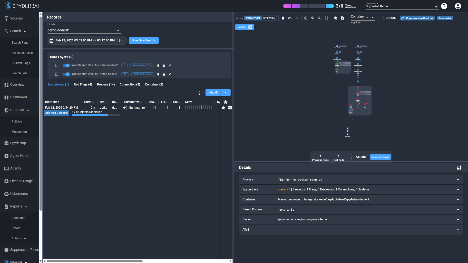 Options dropdown showing Hide Threads, Show Relative Time, Hide Future Nodes, Hide Container Box, and Hide Process Context Box toggles