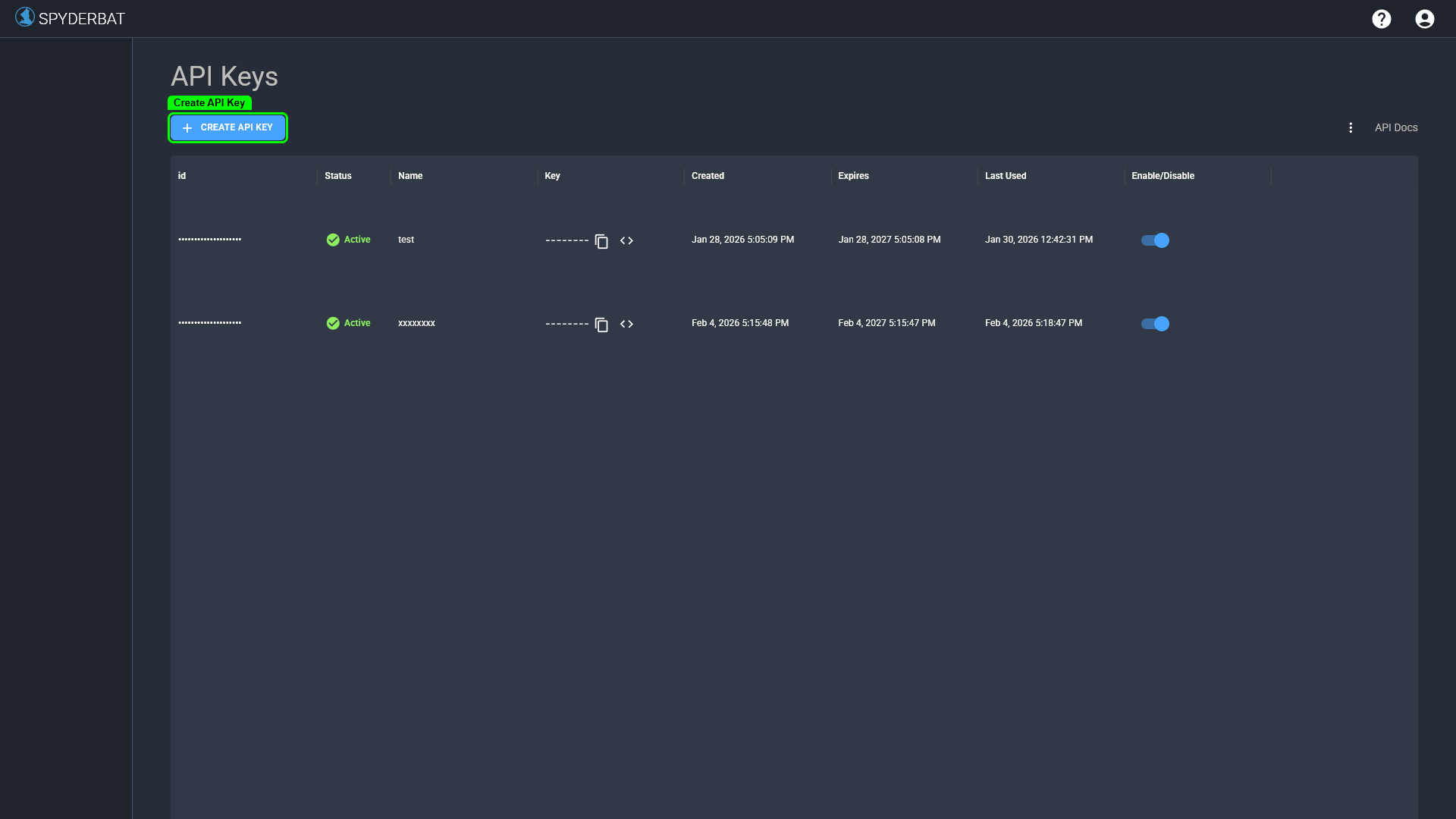 API Keys management page