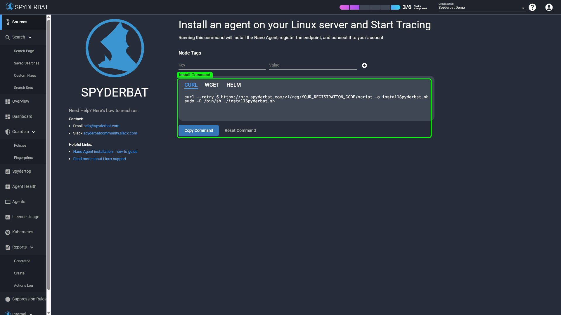 Install wizard showing Linux install command